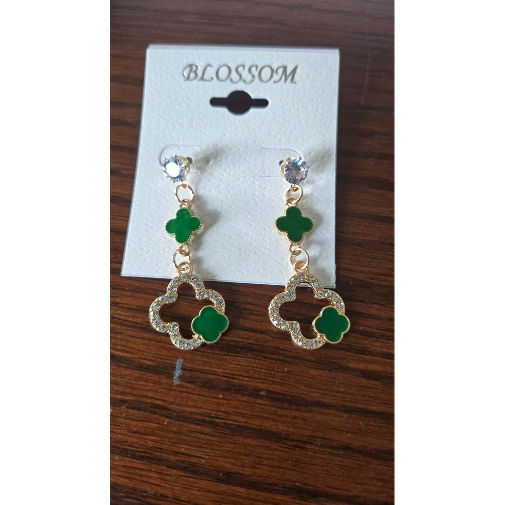 Green Clover Rhinestone Drop Earrings | Gold Tone Glam Luxe Dangle Earrings - Picture 2 of 2